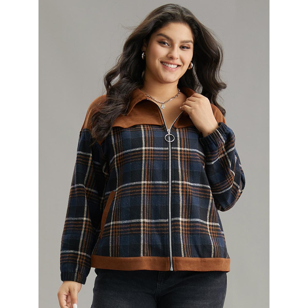 Plus Size Plaid Patchwork Pocket Lapel Collar Zipper Fly Jacket Women Multicolor Contrast Pocket Dailywear Jackets BloomChic 10/M Product Image