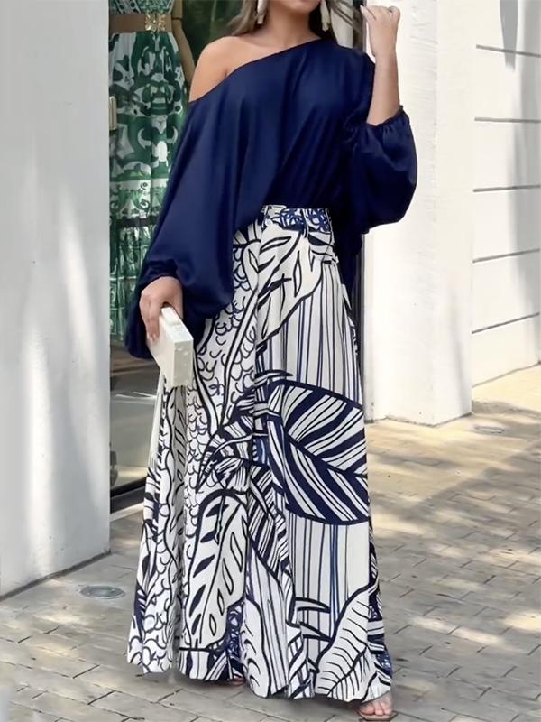 Loose Puff Sleeves Solid Color Off-The-Shoulder Blouses& Printed Pants Two Pieces Set Product Image