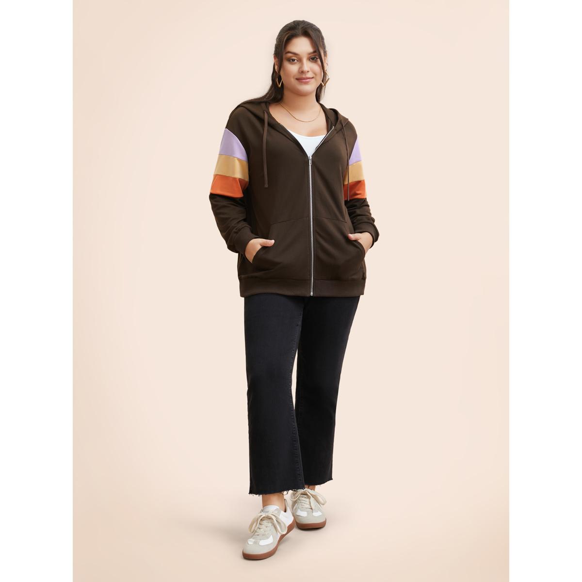Plus Size Colorblock Contrast Pocket Hooded Sweatshirt Women DarkBrown Casual Contrast Hooded Everyday Sweatshirts BloomChic 12/L Product Image