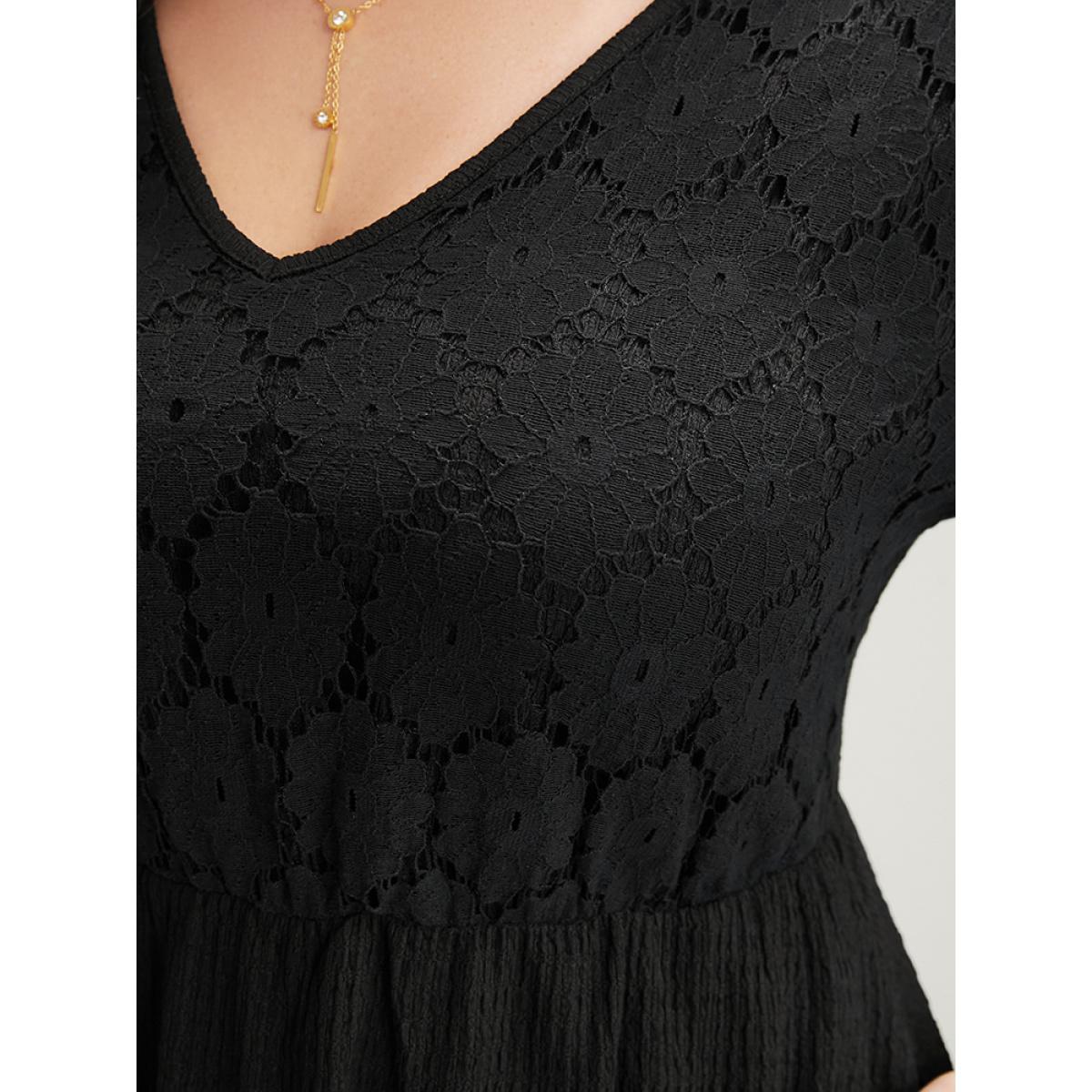 Plus Size Solid Pocket Textured Lantern Sleeve Contrast Lace Midi Dress Black Women Elegant Patchwork V-neck Long Sleeve Curvy Midi Dress BloomChic 30/6X Product Image