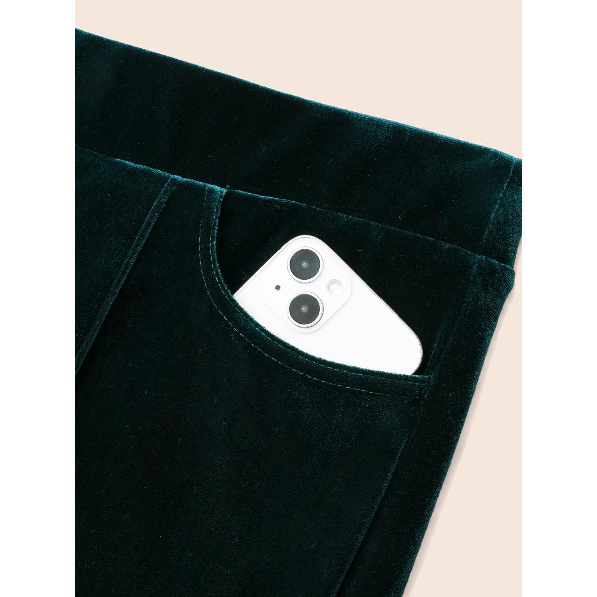 Plus Size Velvet Mid Rise Flared Pants Women DarkGreen Elegant Bootcut Mid Rise Everyday Pants BloomChic 22-24/3X Product Image