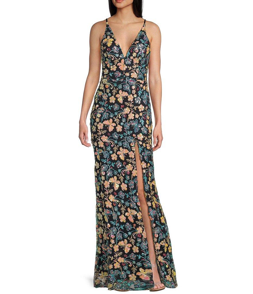 Blondie Nites Sequin Floral Butterfly Patterned Spaghetti Strap V-Neck Tie Back Gown Product Image
