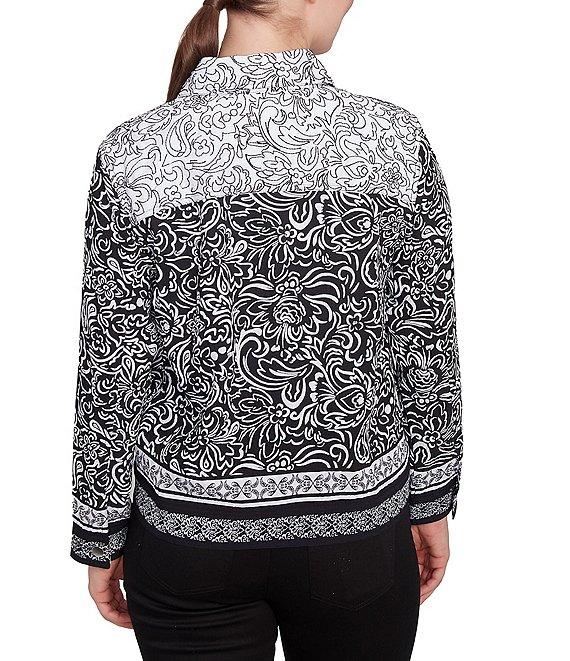 Ruby Rd. Luxe Voile Abstract Botanical Border Print Point Collar Long Sleeve Button-Front Jacket Product Image