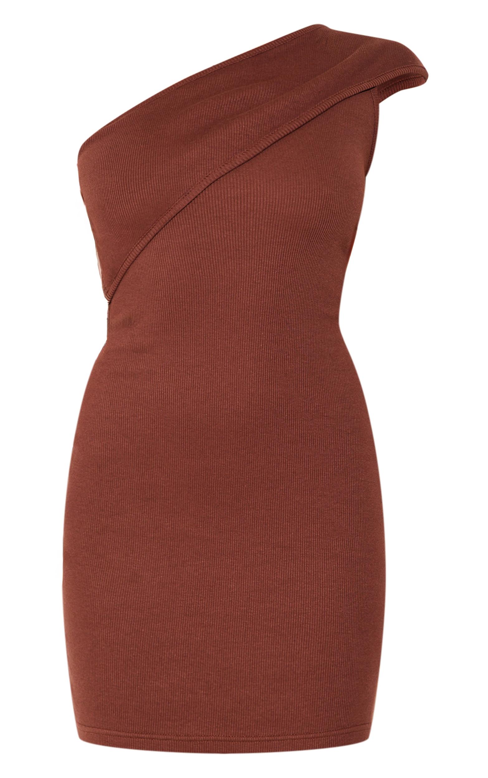 Chocolate Rib Fold One Shoulder Mini Dress Product Image