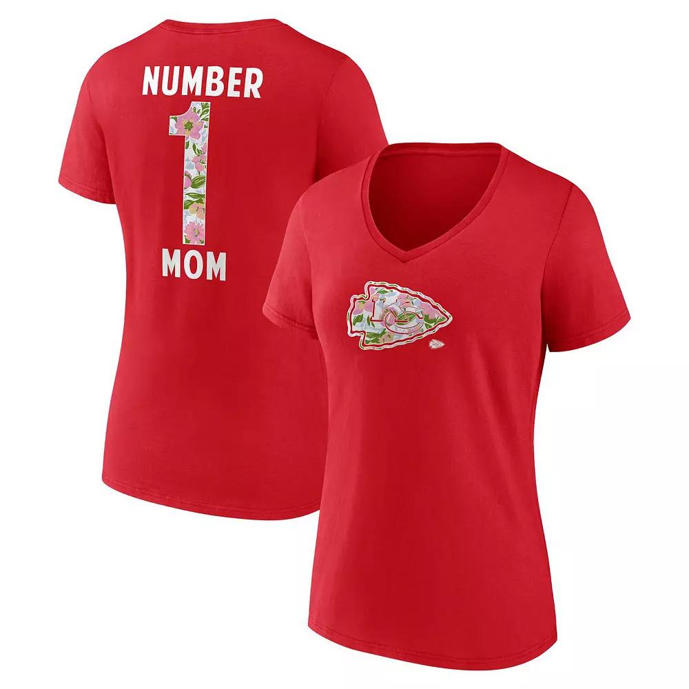 Women's Red Kansas City Chiefs Number 1 Mom Floral V-Neck T-Shirt,  Product Image