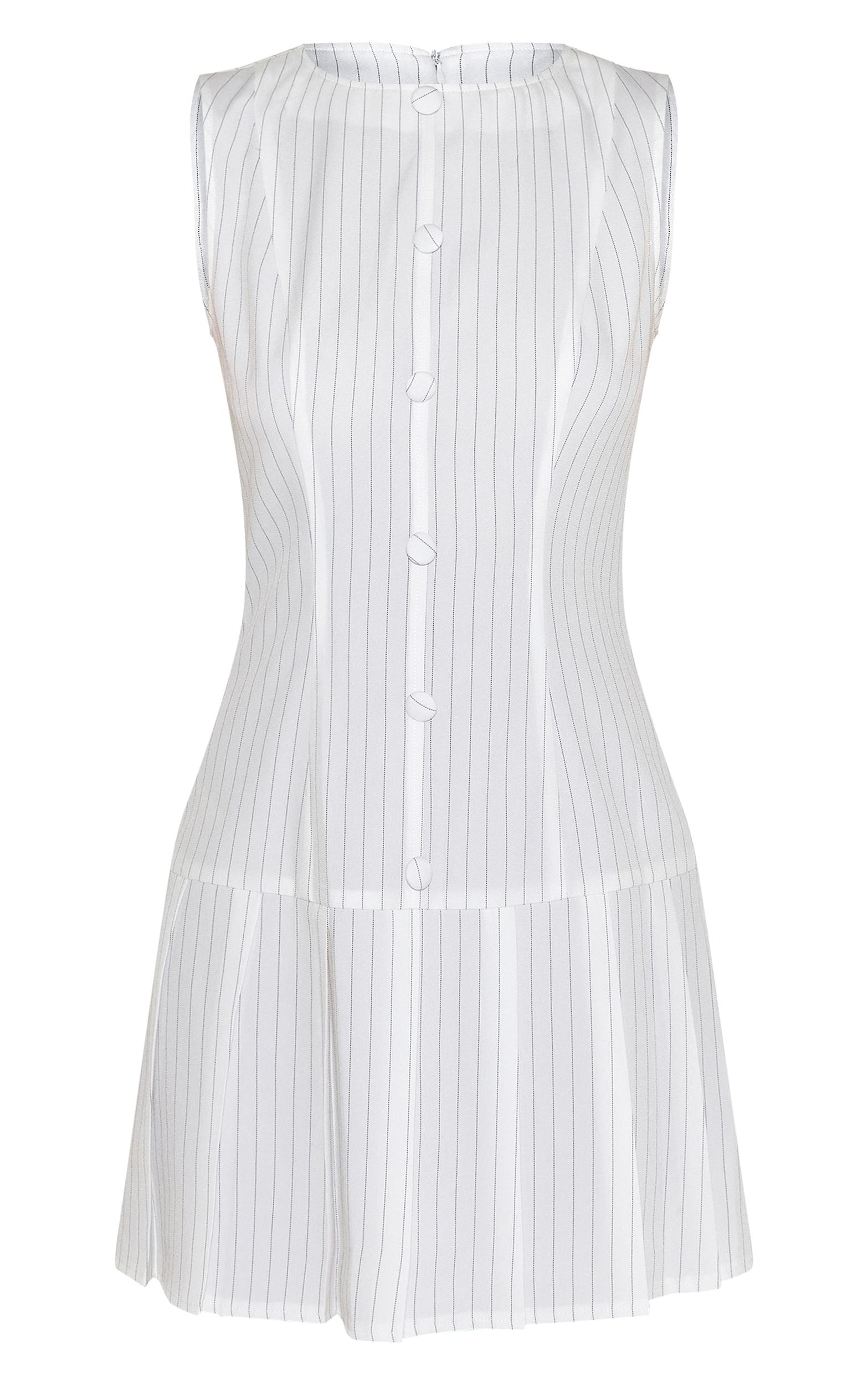 White Pinstripe Button Down Pleated Hem Shift Dress Product Image