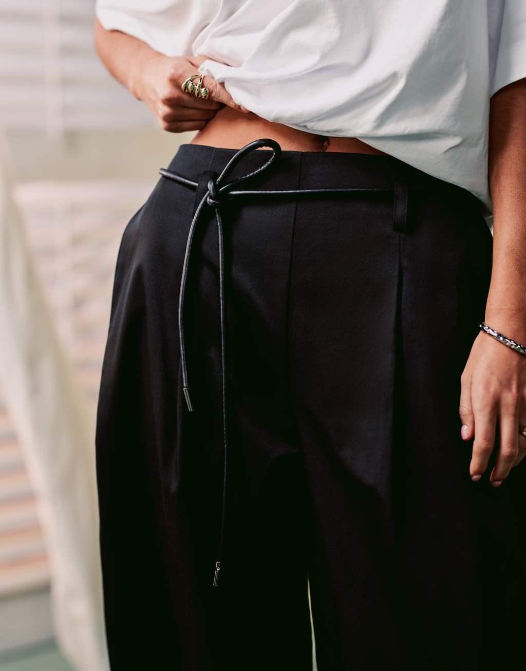 ASOS DESIGN tailored barrel pants with tie belt in black Product Image