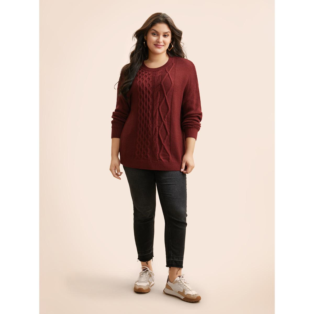 Plus Size Texture Cable Knit Drop Shoulder Pullover Burgundy Women Casual Loose Long Sleeve Round Neck Everyday Pullovers BloomChic 26/4X Product Image