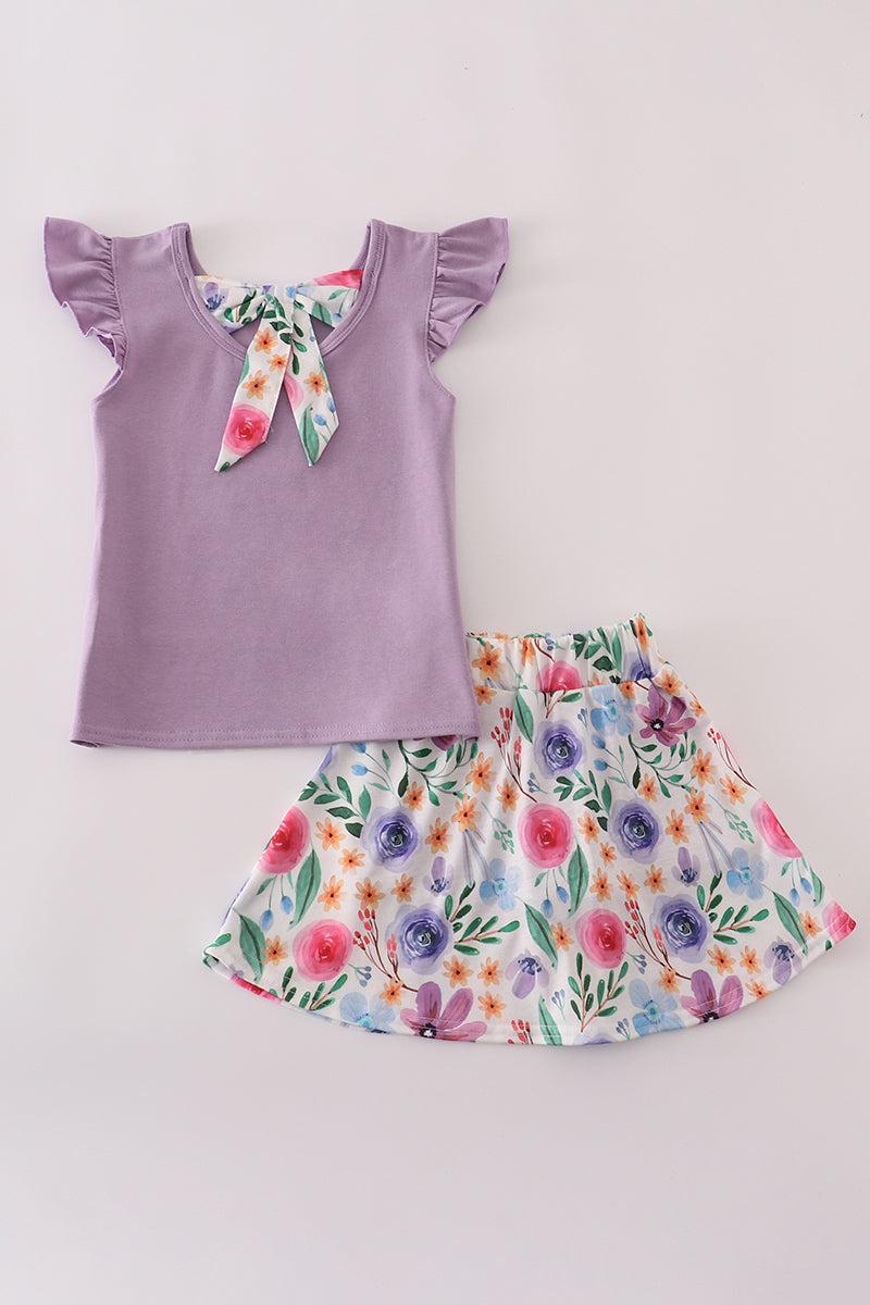 Purple floral bow applique active skorts set Product Image
