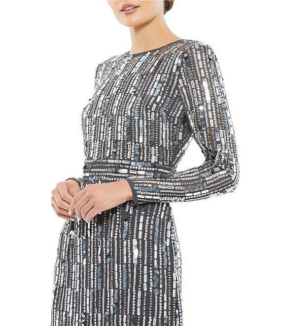 Mac Duggal Round Neck Long Sleeve Pailette Sequin Midi Dress Product Image