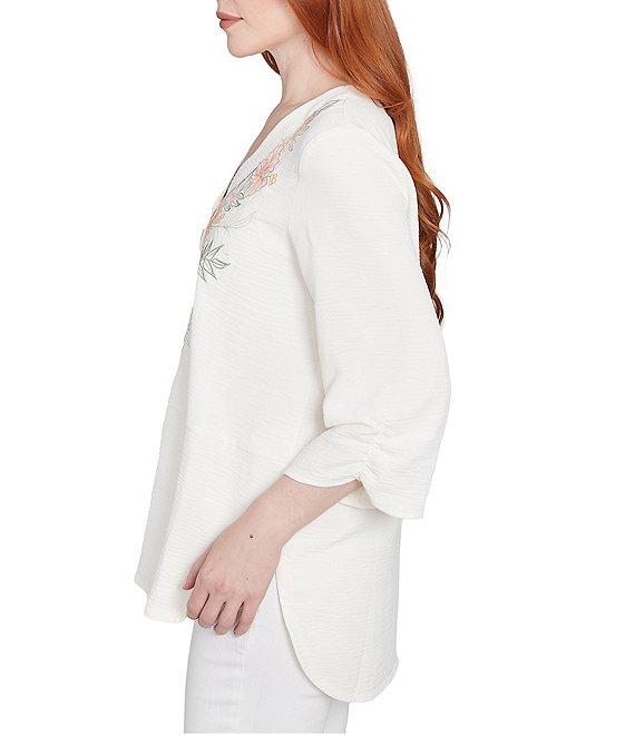 Ruby Rd. Petite Size Woven Embroidery Floral V-Neck 3/4 Sleeve Gauze Top Product Image