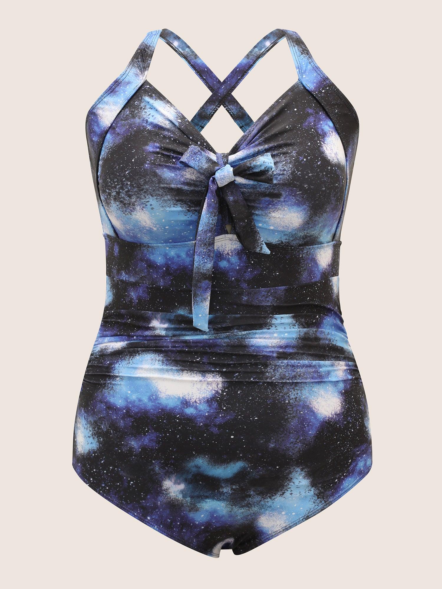 Starry Sky Print Knotted Gathered One Piece Swimsuit Female Product Image
