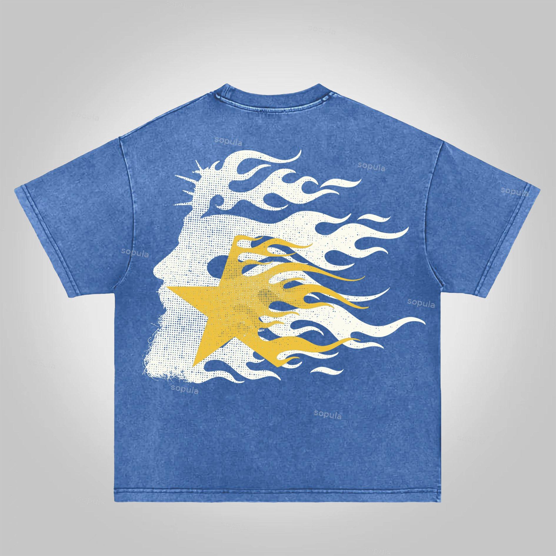 Fashionable Retro Flame Jesus Silhouette Network Acid Wash T-shirt Product Image