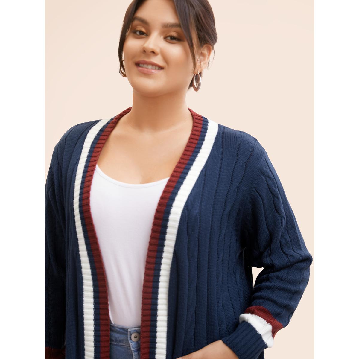 Plus Size Contrast Striped Patch Pocket Cable Knit Cardigan Indigo Women Playful Loose Long Sleeve Casual Cardigans BloomChic 30/6X Product Image