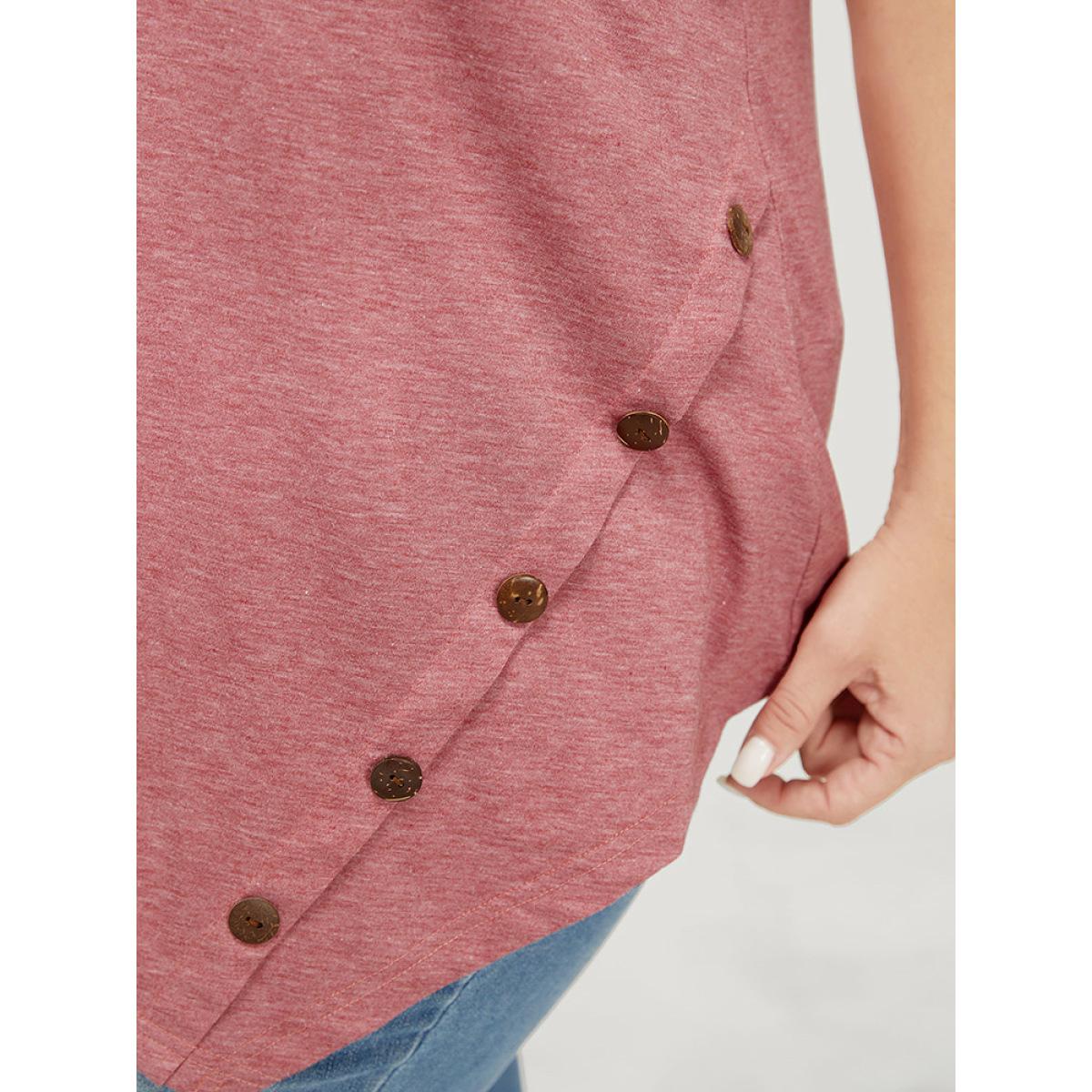 Plus Size Plain Asymmetrical Hem Button Detail Tank Top Women Russet Casual Button Round Neck Dailywear Tank Tops Camis BloomChic 14-16/1X Product Image