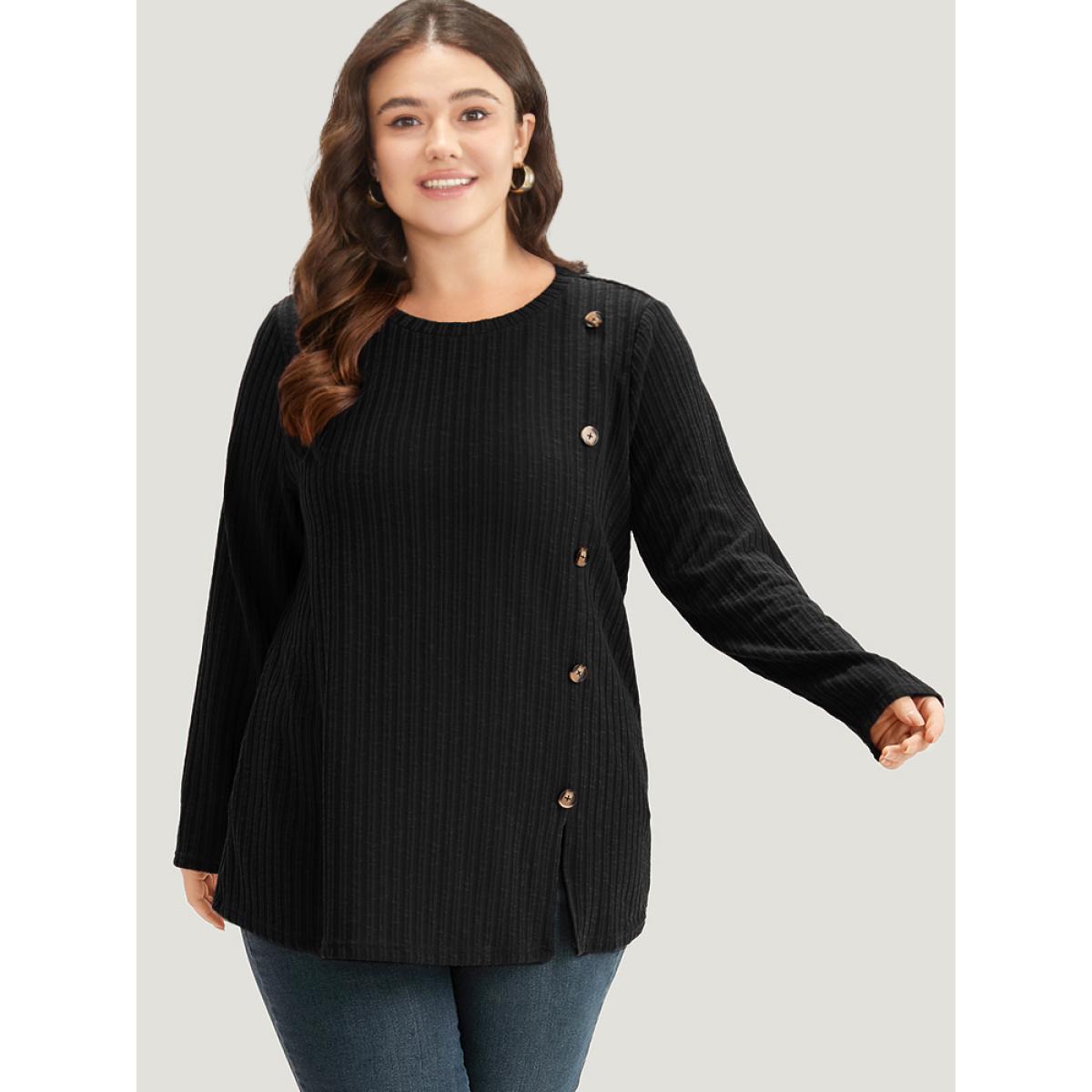 Plus Size Rib Knit Button Detail Split Side T-shirt Black Women Casual Texture Plain Round Neck Dailywear T-shirts BloomChic 18-20/2X Product Image