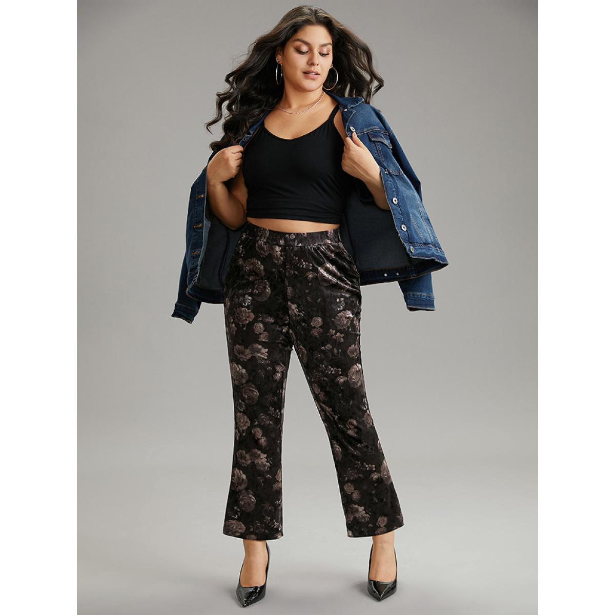 Plus Size Floral Texture Velvet Flare Leg Pants Women BlackFlower Elegant Flare Leg High Rise Dailywear Pants BloomChic 18-20/2X Product Image