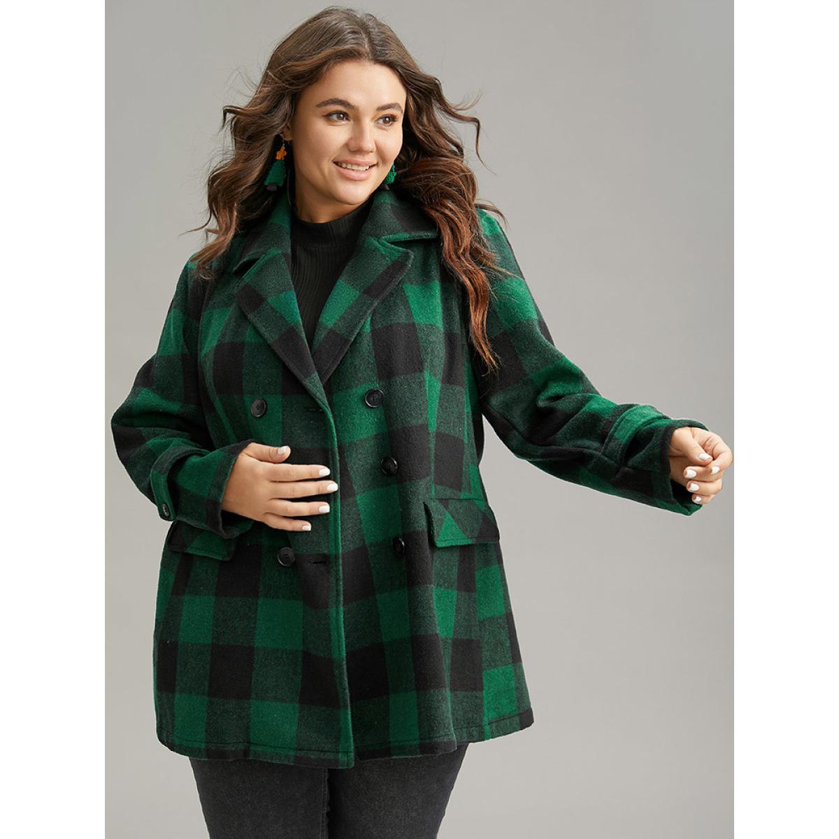 Plus Size Plaid Lapel Collar Flap Detail Double Breasted Coat Women DarkGreen Casual Contrast Ladies Dailywear Winter Coats BloomChic 28/5X Product Image