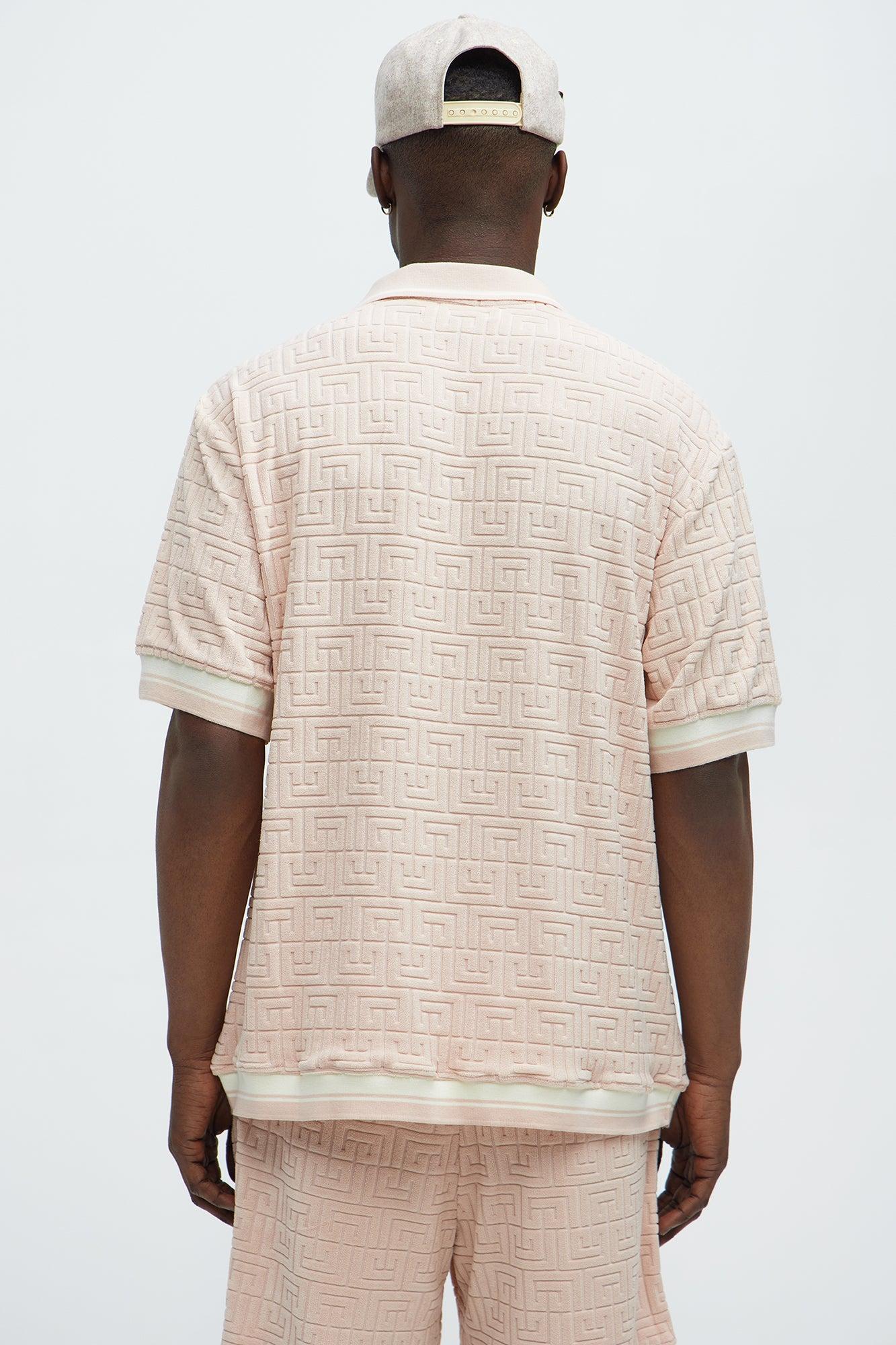 Grecian Textured Johnny Collar Polo Shirt - Pink Product Image