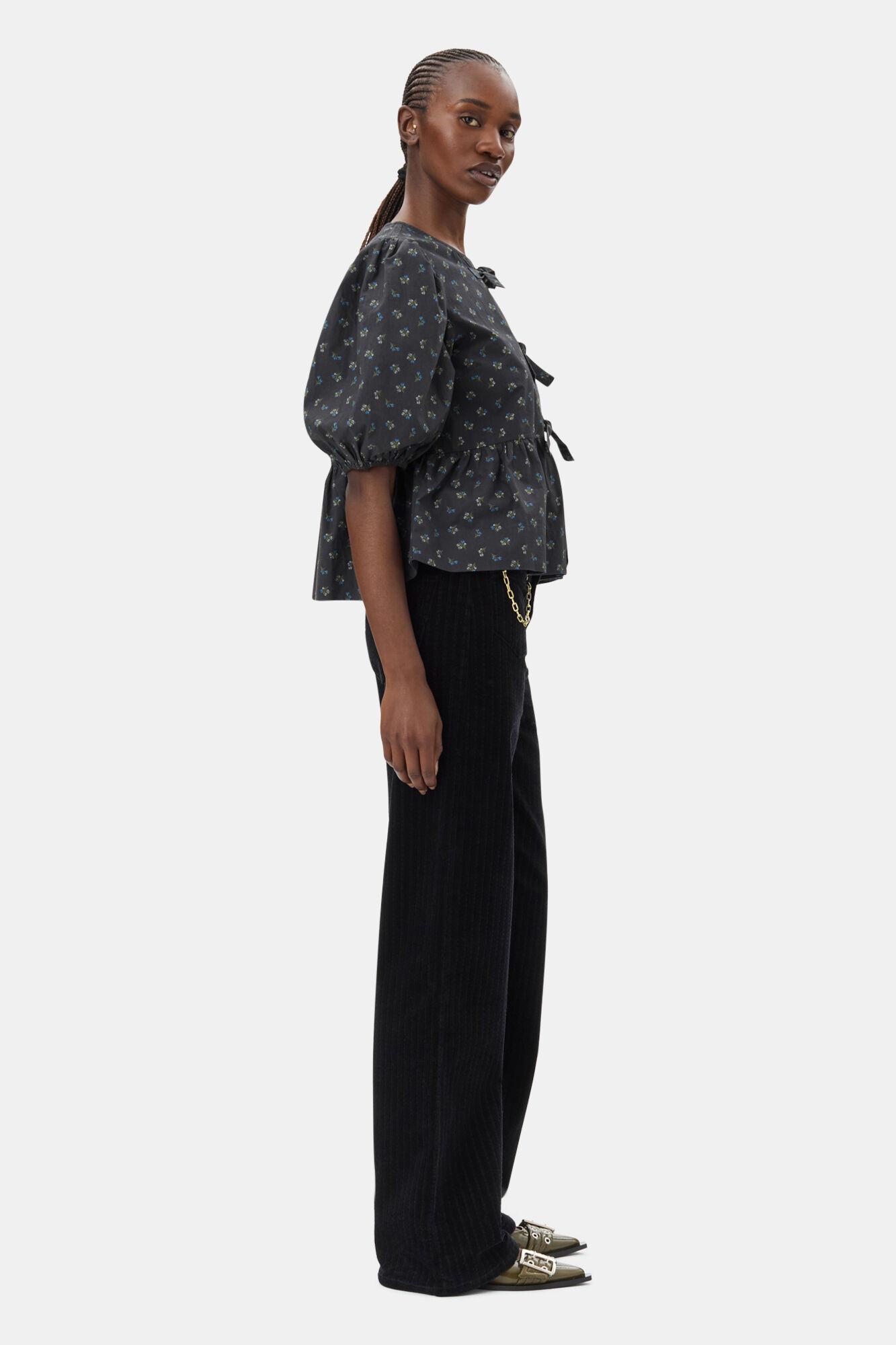 Black Printed Cotton Peplum Blouse Product Image