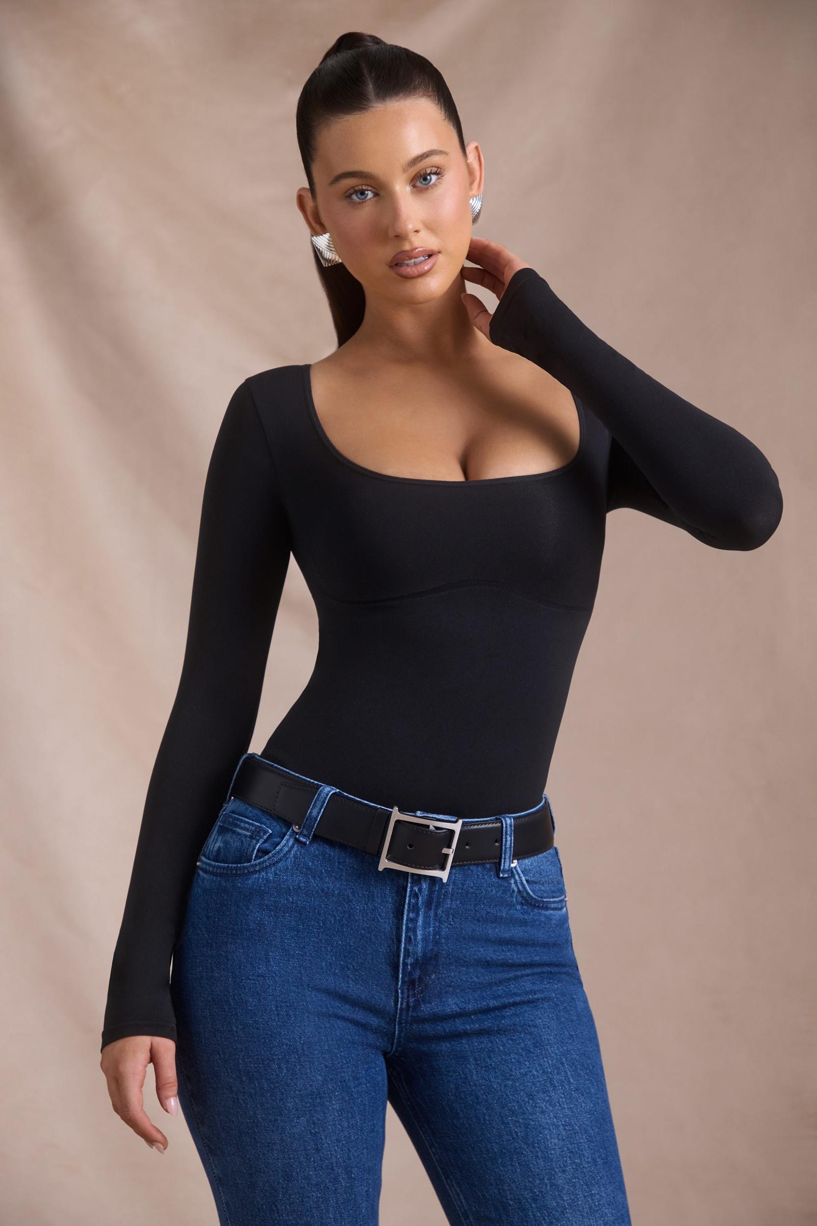 Seamless Long-Sleeve Bodysuit in Black Product Image