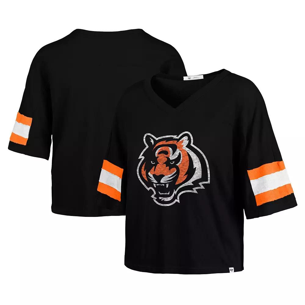 Women's '47 Black Cincinnati Bengals Double Header Scout Cropped V-Neck T-Shirt,  Product Image