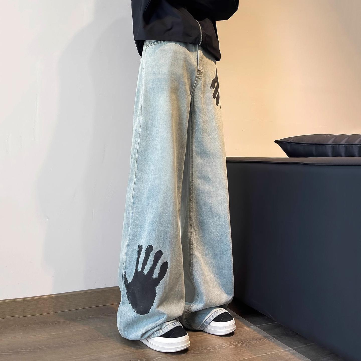 Sopula Retro Street Hiphop Palm Print Jeans Product Image