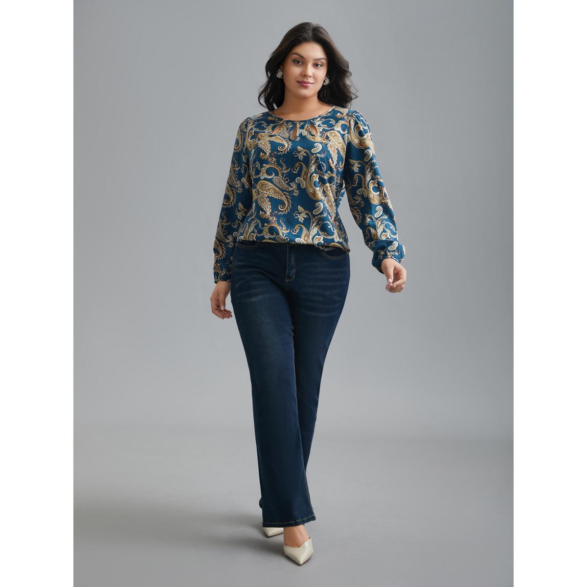 Plus Size Aegean Round Neck Paisley Cut Out Blouse Women Elegant Extra Long Sleeve Round Neck Everyday Blouses BloomChic 10/M Product Image