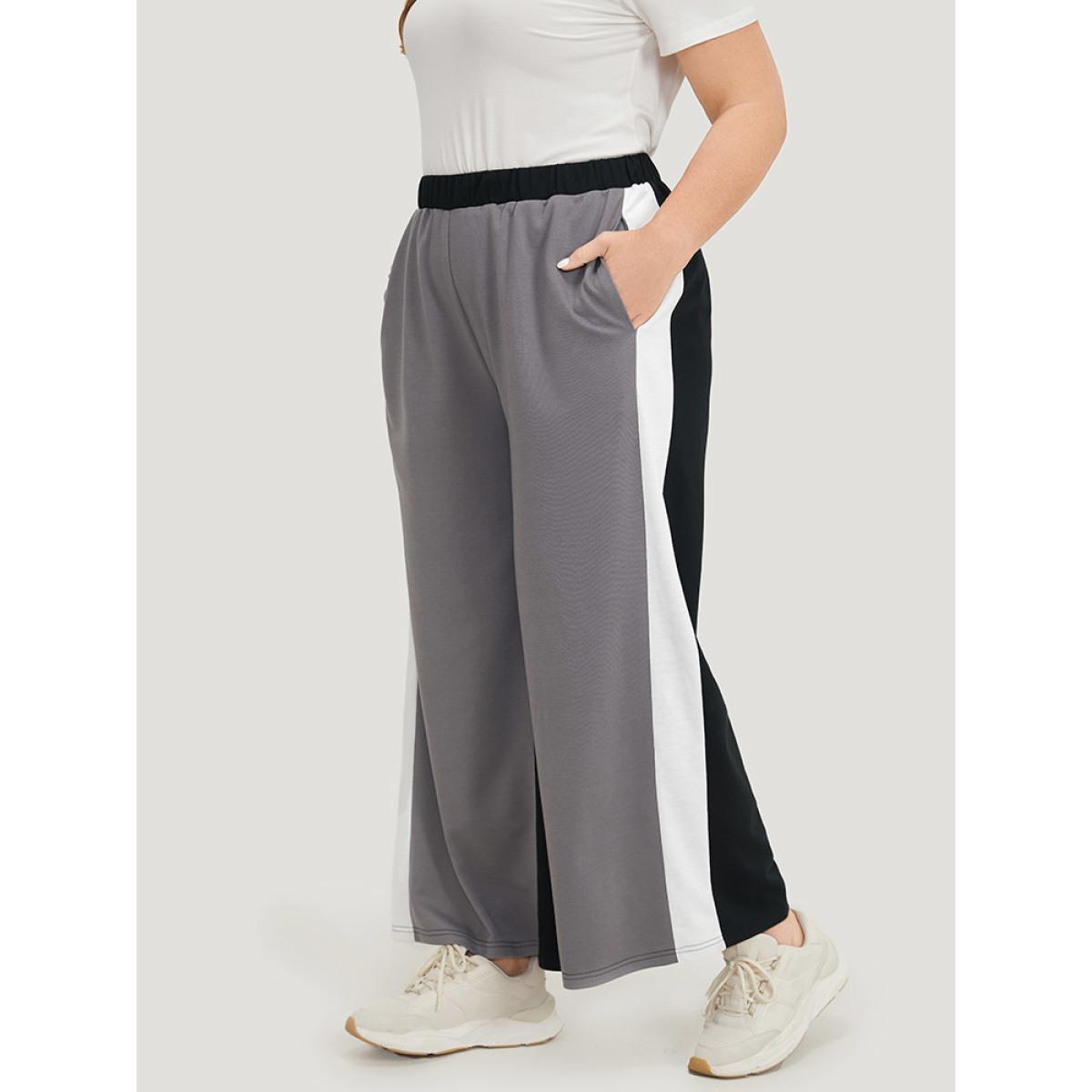 Contrast Patchwork Pocket High Rise Sweatpants Black Plus Size Women Casual Dailywear Contrast 18-20/2X Bloomchic Product Image