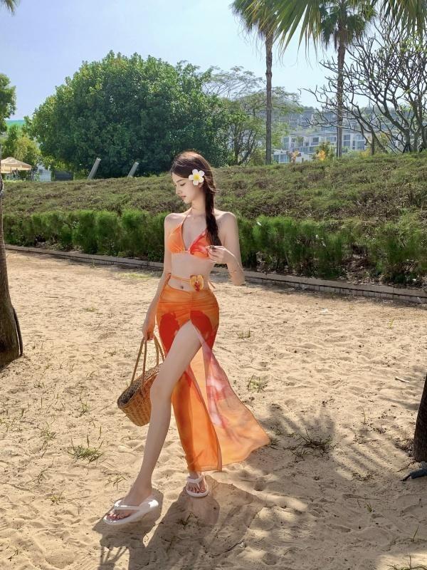 Set: Halter Floral Print Bikini Top + Bottom + Cover Up Skirt Product Image