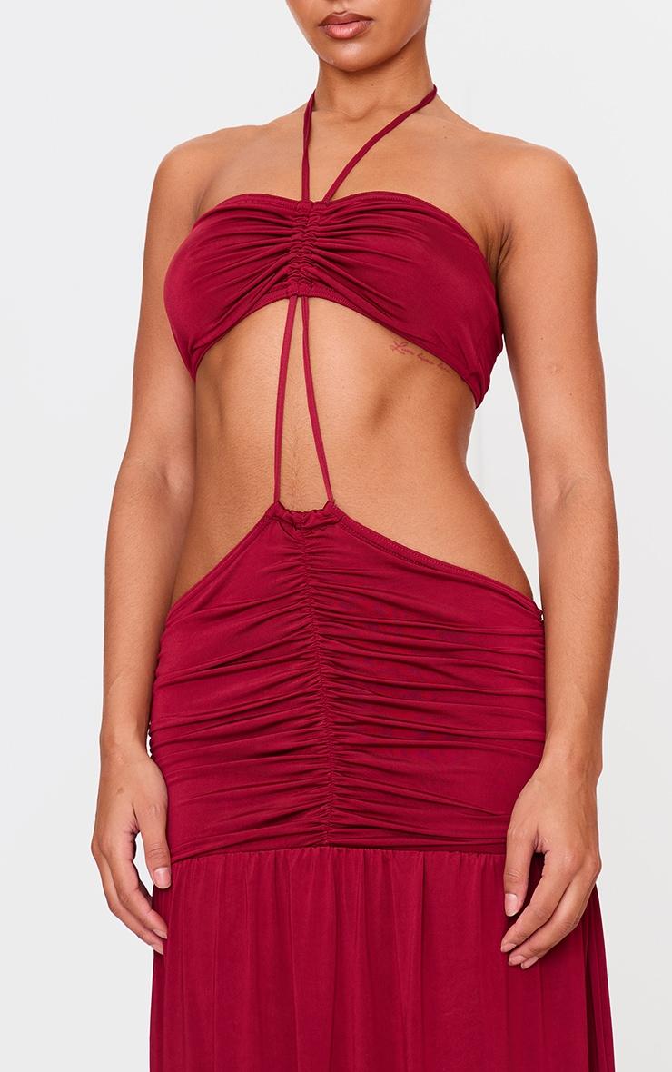 Burgundy Double Layer Slinky Tie Neck Cut Out Maxi Dress Product Image