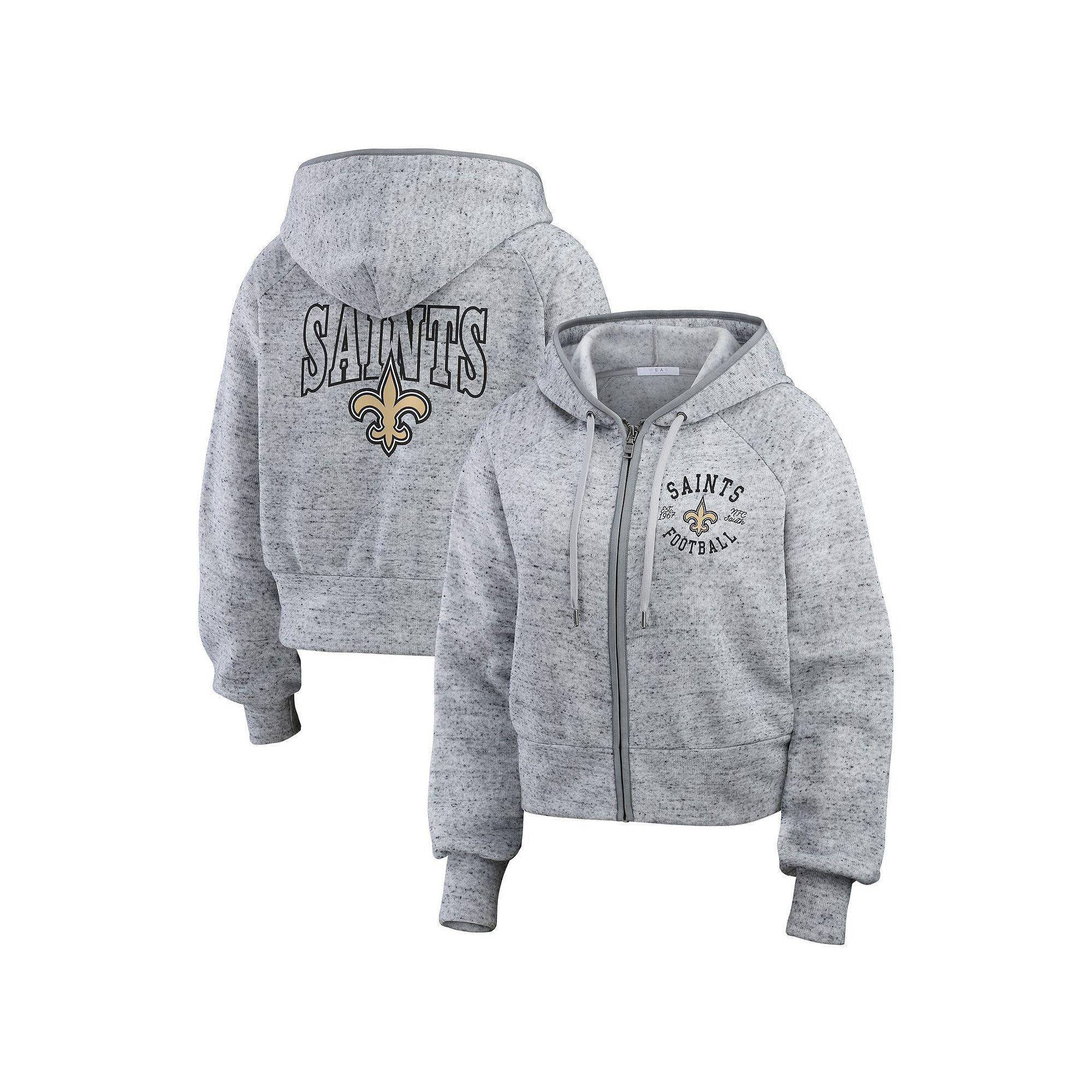 Women's WEAR by Erin Andrews  Heather Gray New Orleans Saints Speckled Fleece Cropped Full-Zip Hoodie, Size: 2XL, Grey Product Image