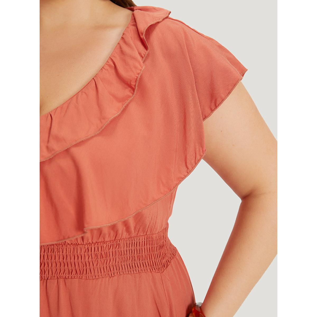 Plus Size Solid Pocket Ruffle Trim Layered Shirred Dress Coral Women Vacation Plain V-neck Sleeveless Curvy Midi Dress BloomChic 30/6X Product Image