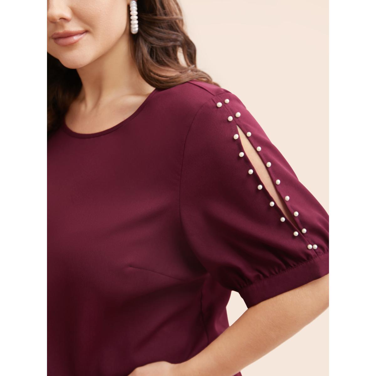 Plus Size Burgundy Round Neck Pearl Beaded Cut Out Blouse Women Elegant Short sleeve Round Neck Everyday Blouses BloomChic 30/6X Product Image