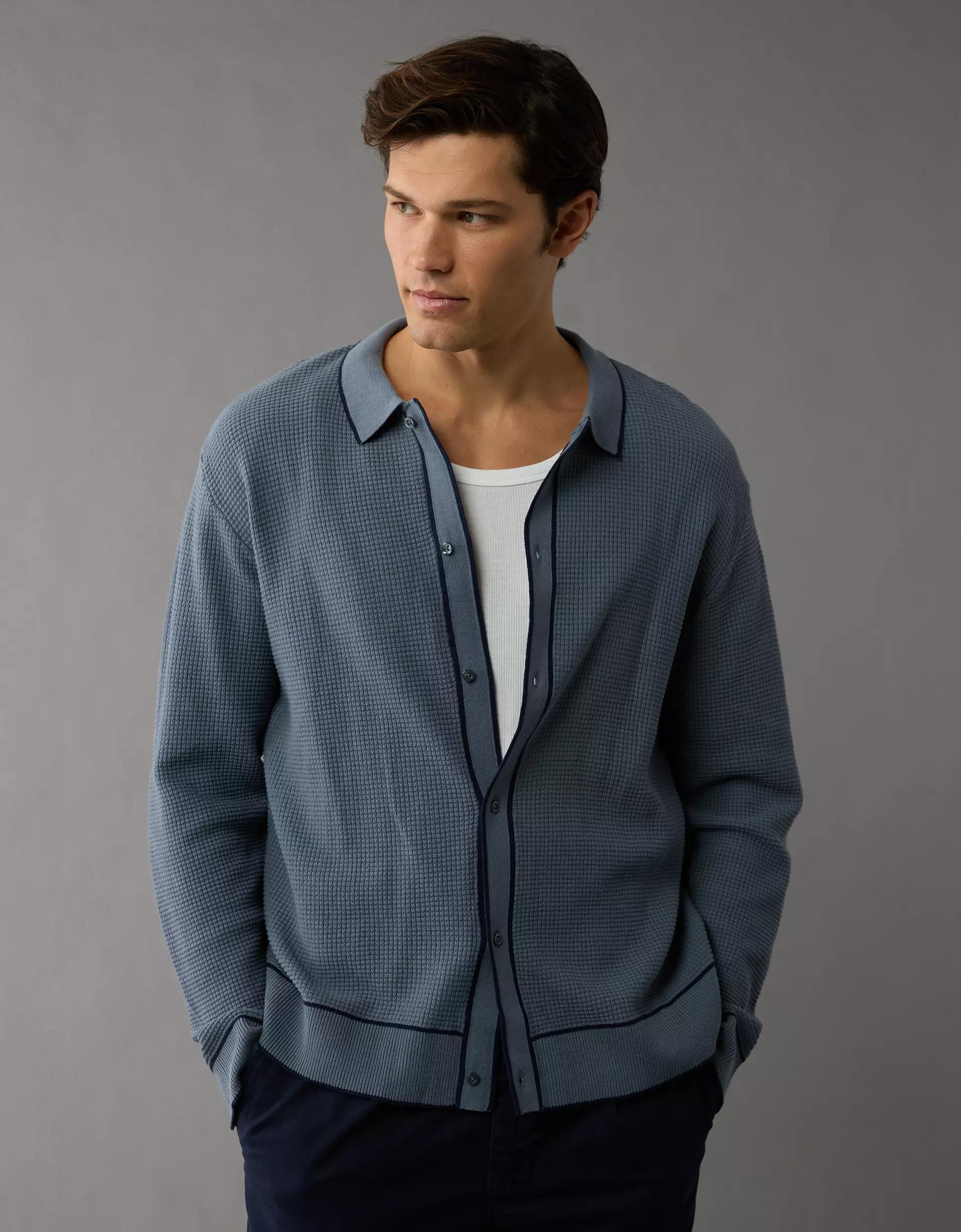 AE Long-Sleeve Tipped Waffle Sweater Polo Shirt Product Image