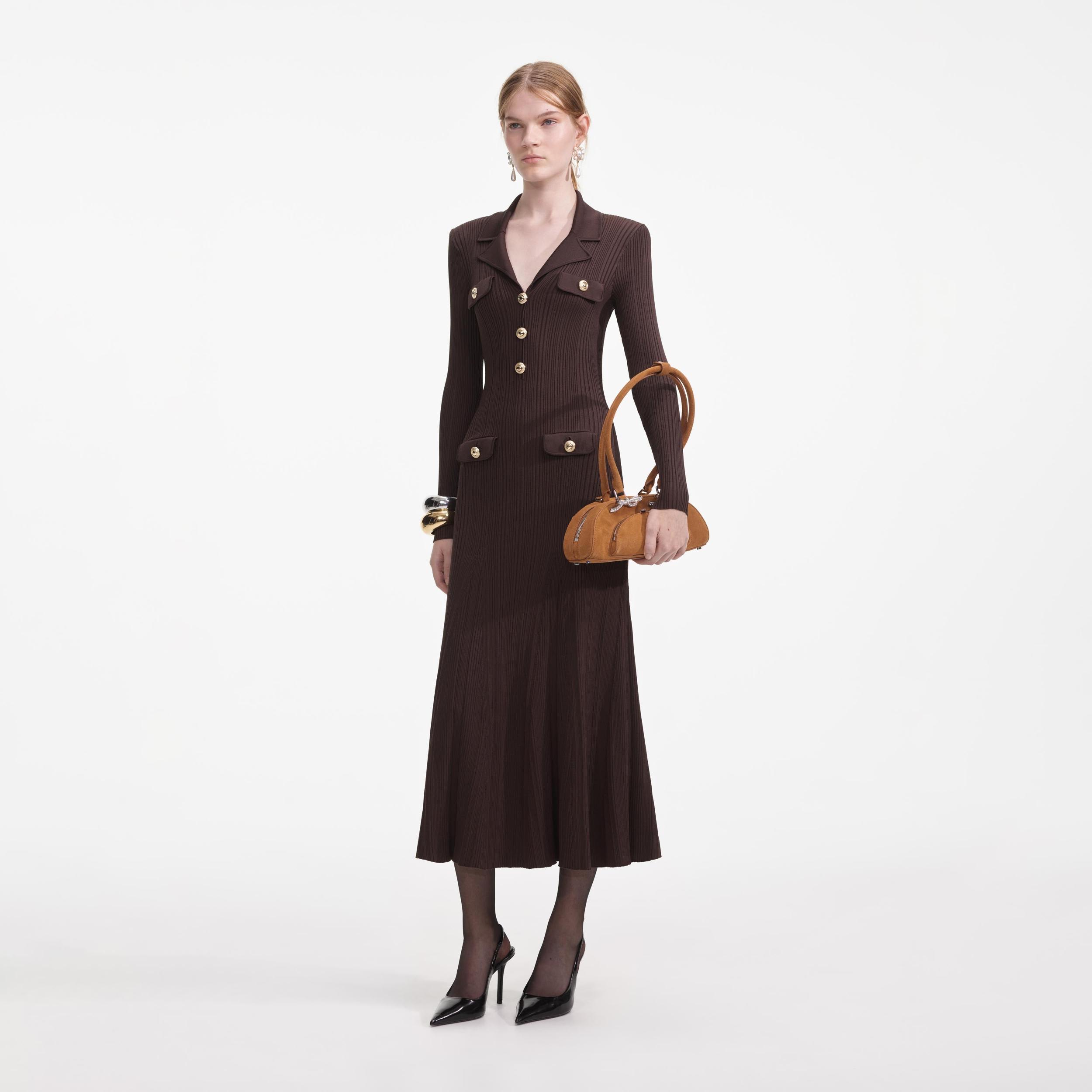 Brown Viscose Rib Knit Midi Dress Product Image
