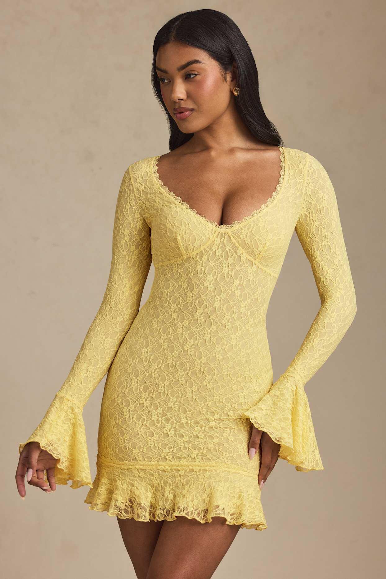 Long-Sleeve Ruffled Lace Mini Dress in Pastel Yellow Product Image