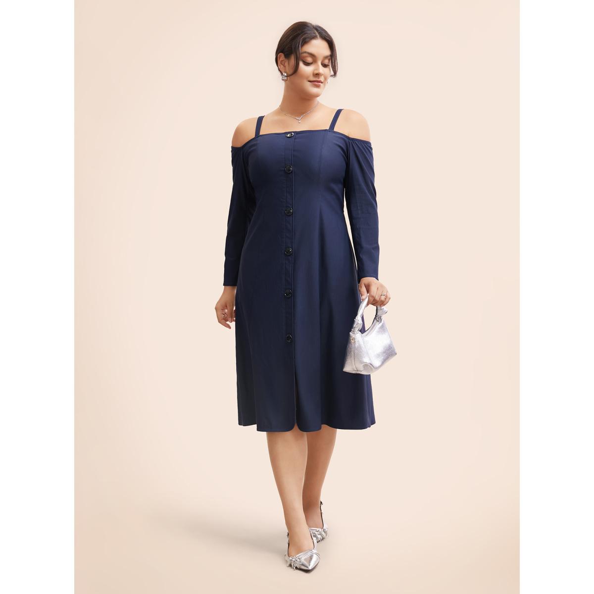 Plus Size Stretch Woven One-Shoulder Midi Dress DarkBlue Women At the Office Button One-shoulder neck Long Sleeve Curvy BloomChic 28/5X Product Image