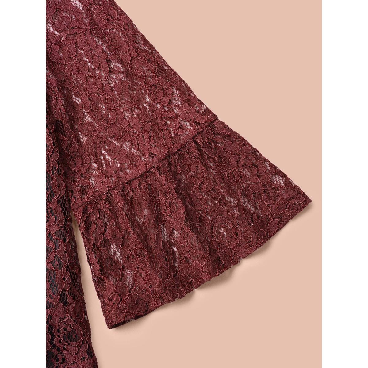 Plus Size Burgundy Round Neck Contrast Lace Ruffled Sleeve Blouse Women Elegant Elbow-length sleeve Round Neck Everyday Blouses BloomChic 12/L Product Image