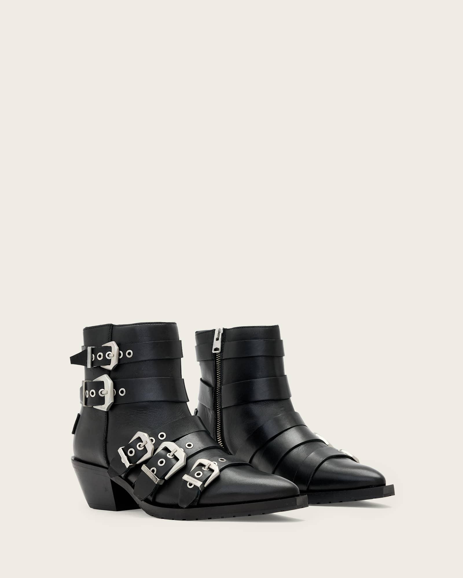 Jane Leather Buckle Boots Black | ALLSAINTS US Product Image