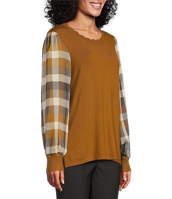 Multiples Mixed-Media Scalloped Neck Long Plaid Sleeve Fitted Sweater Product Image