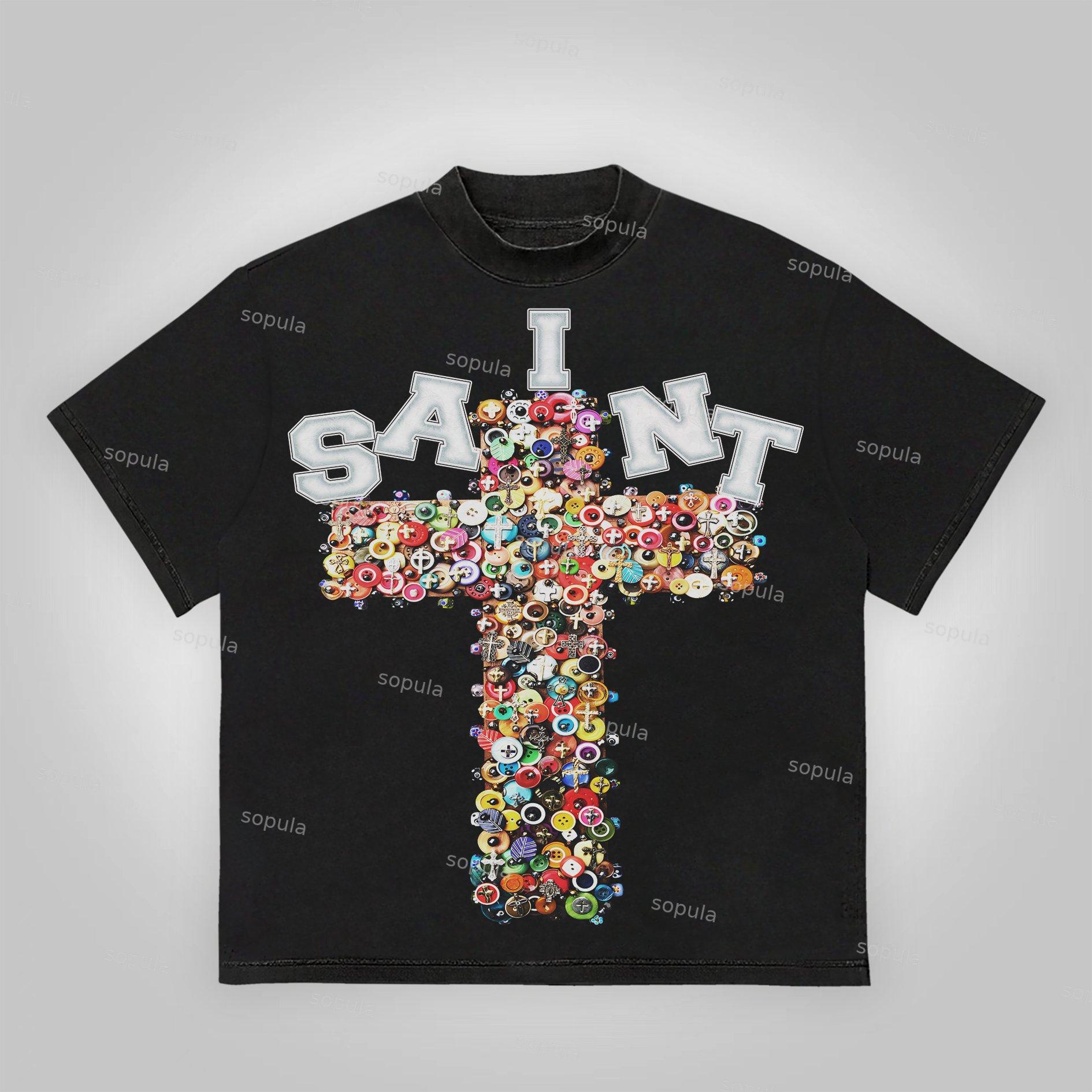 Vintage Saint Cross Art Graphic Cotton T-Shirt Product Image