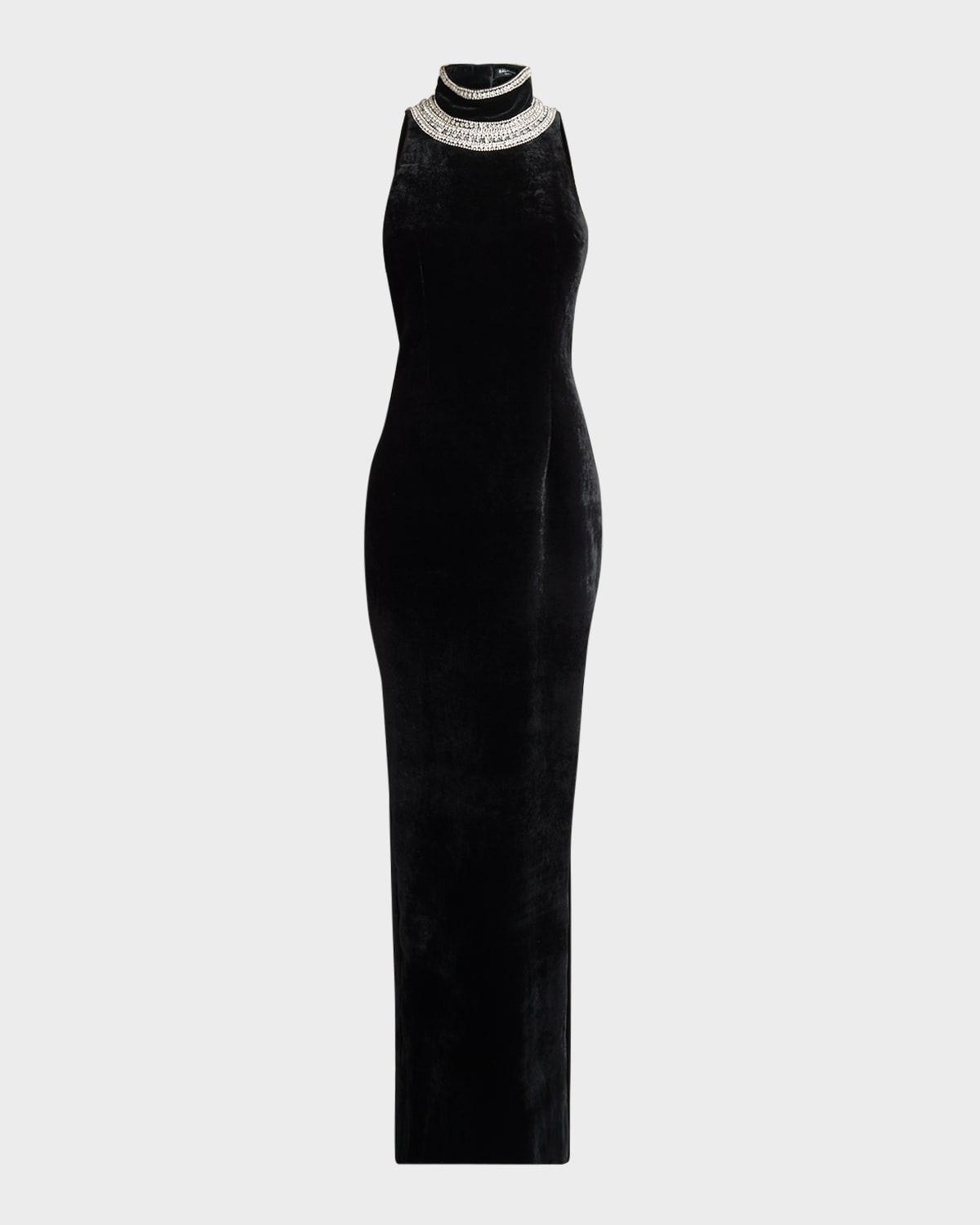 BALMAIN Faux Pearl-embellished Halterneck Velvet Gown In Black Product Image