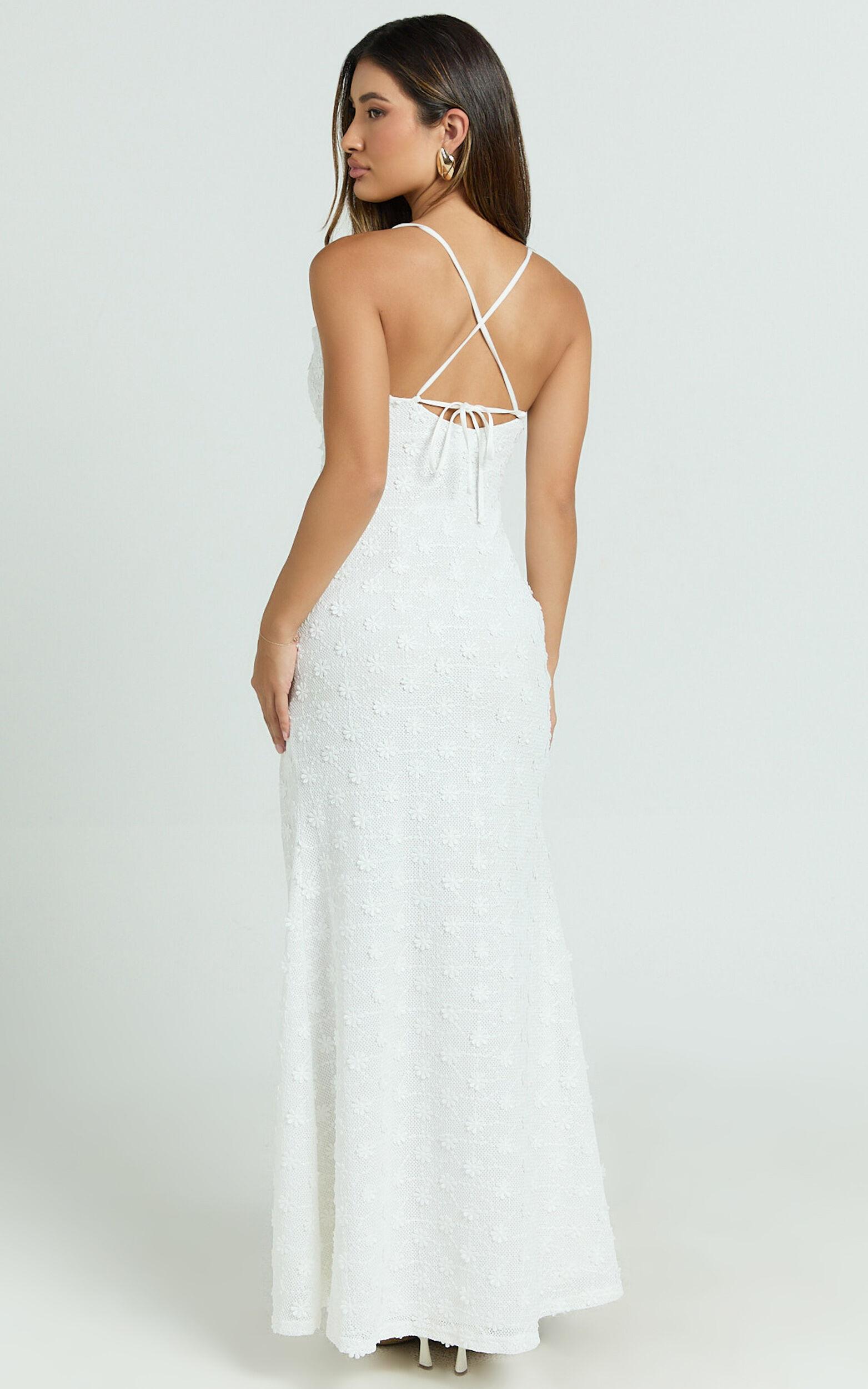 Mimi Maxi Dress - Embroidered Cowl Neck High Split Dress in White Product Image