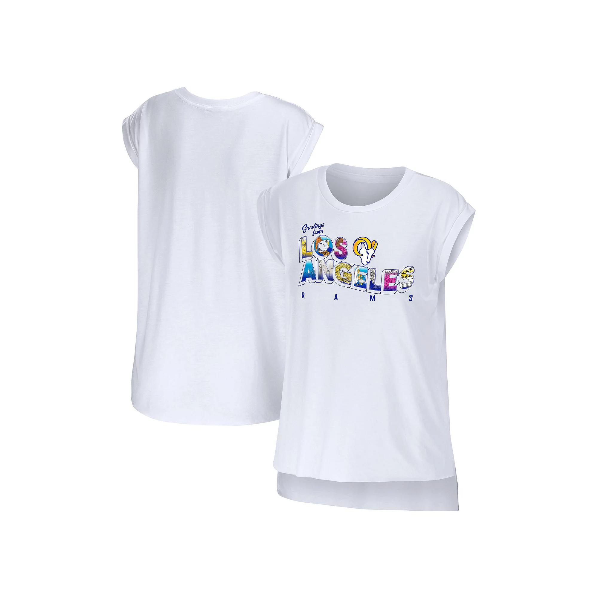 Women's WEAR by Erin Andrews White Los Angeles Rams Greetings From Muscle T-Shirt,  Product Image