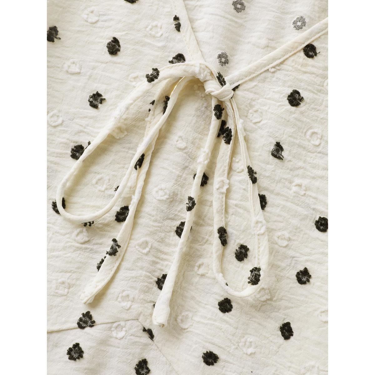 Plus Size Ivory Polka Dots Print Neck Tie Blouse Women Short sleeve V-neck Everyday-Elegant Blouses BloomChic 12/L Product Image