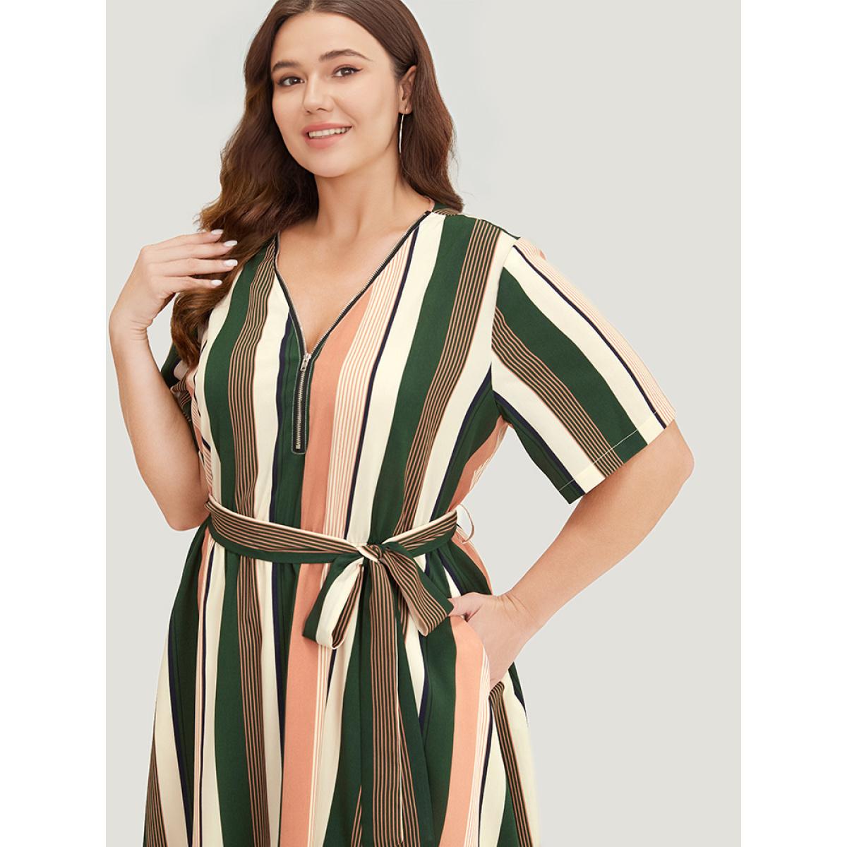 Plus Size Striped Contrast Pocket Belt Arc Hem Zip Up Dress Multicolor Women Office Contrast V-neck Short sleeve Curvy Midi Dress BloomChic 22-24/3X Product Image