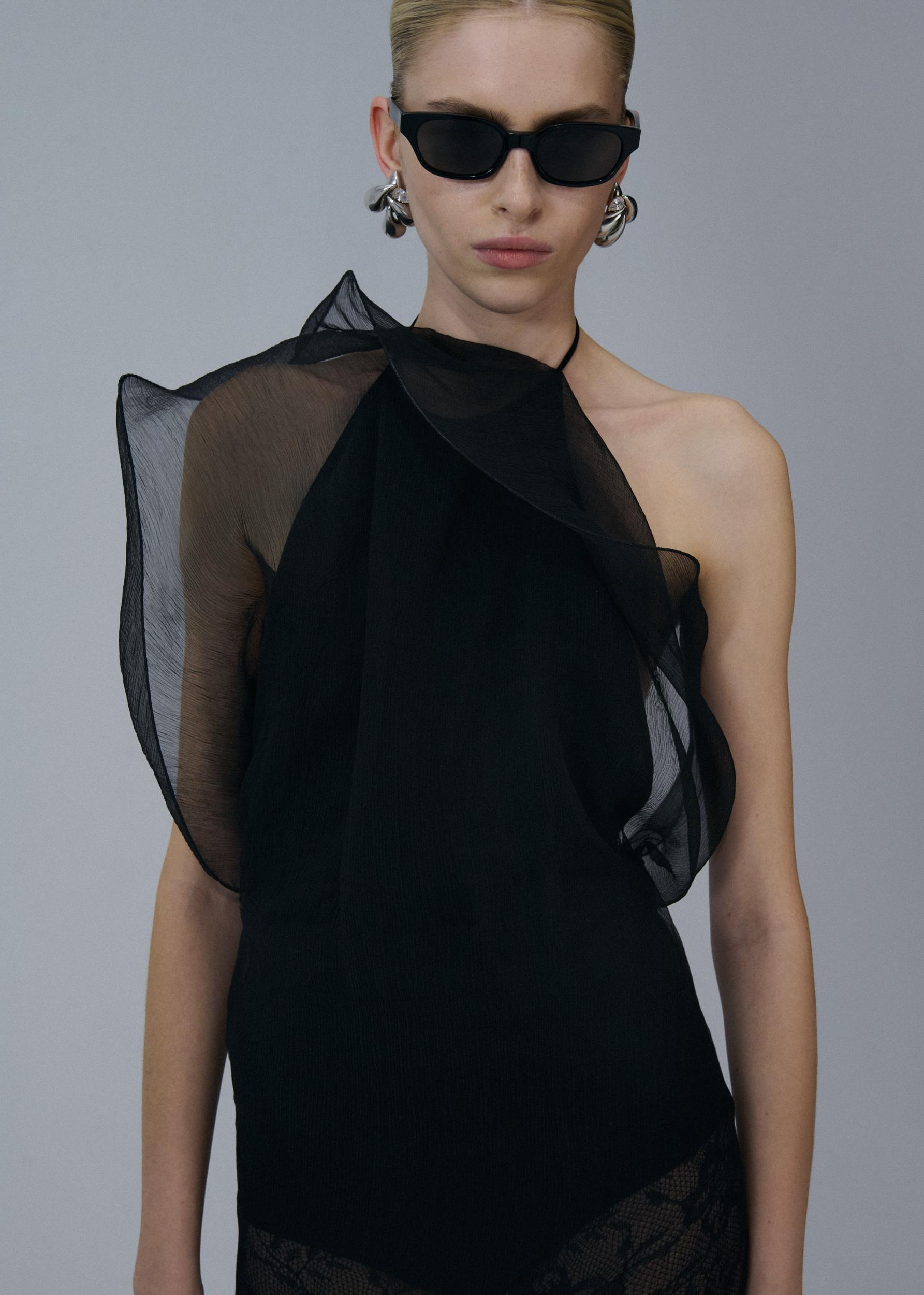 Silk organza midi dress in black Product Image