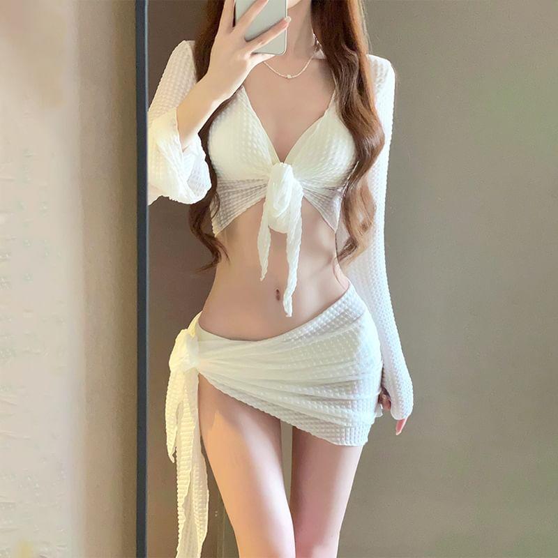 Set: Plain Cover-Up Jacket + Bikini Top + Bottom + Cover-Up Skirt Product Image