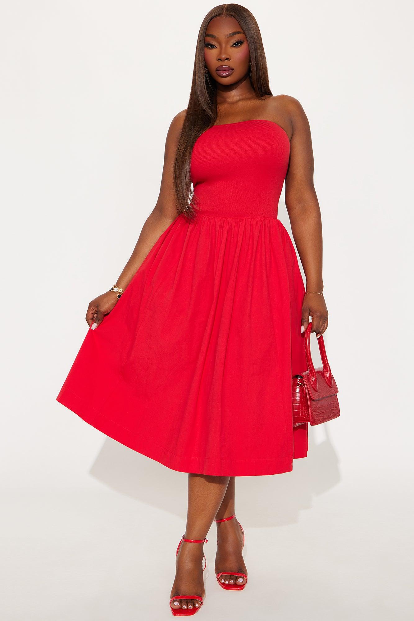 Lula Poplin Strapless Midi Dress - Tomato Red Product Image